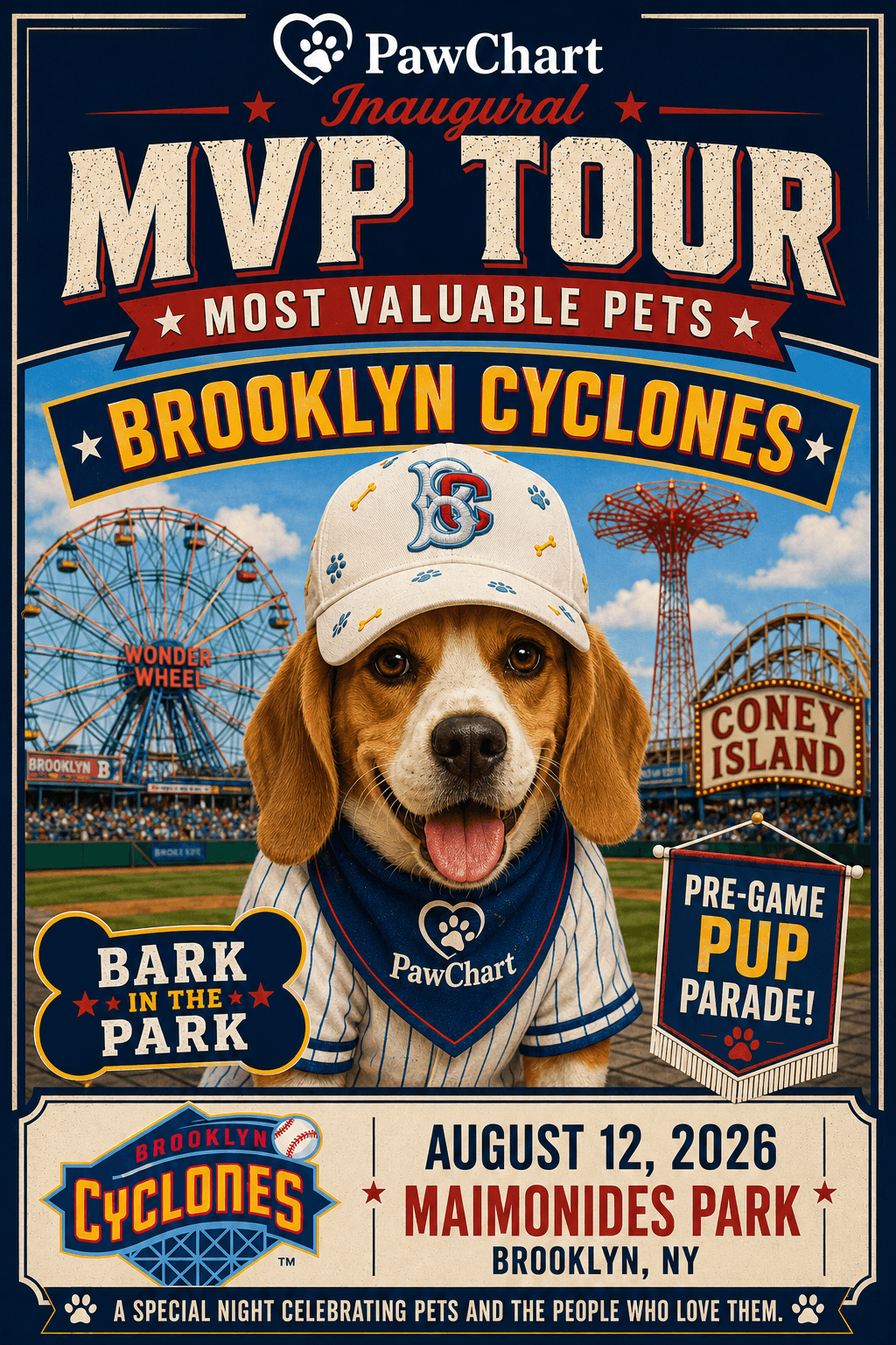 PawChart MVP Tour flyer — Brooklyn Cyclones Bark in the Park with Pre-Game Pup Parade at Maimonides Park, Brooklyn NY, August 12 2026